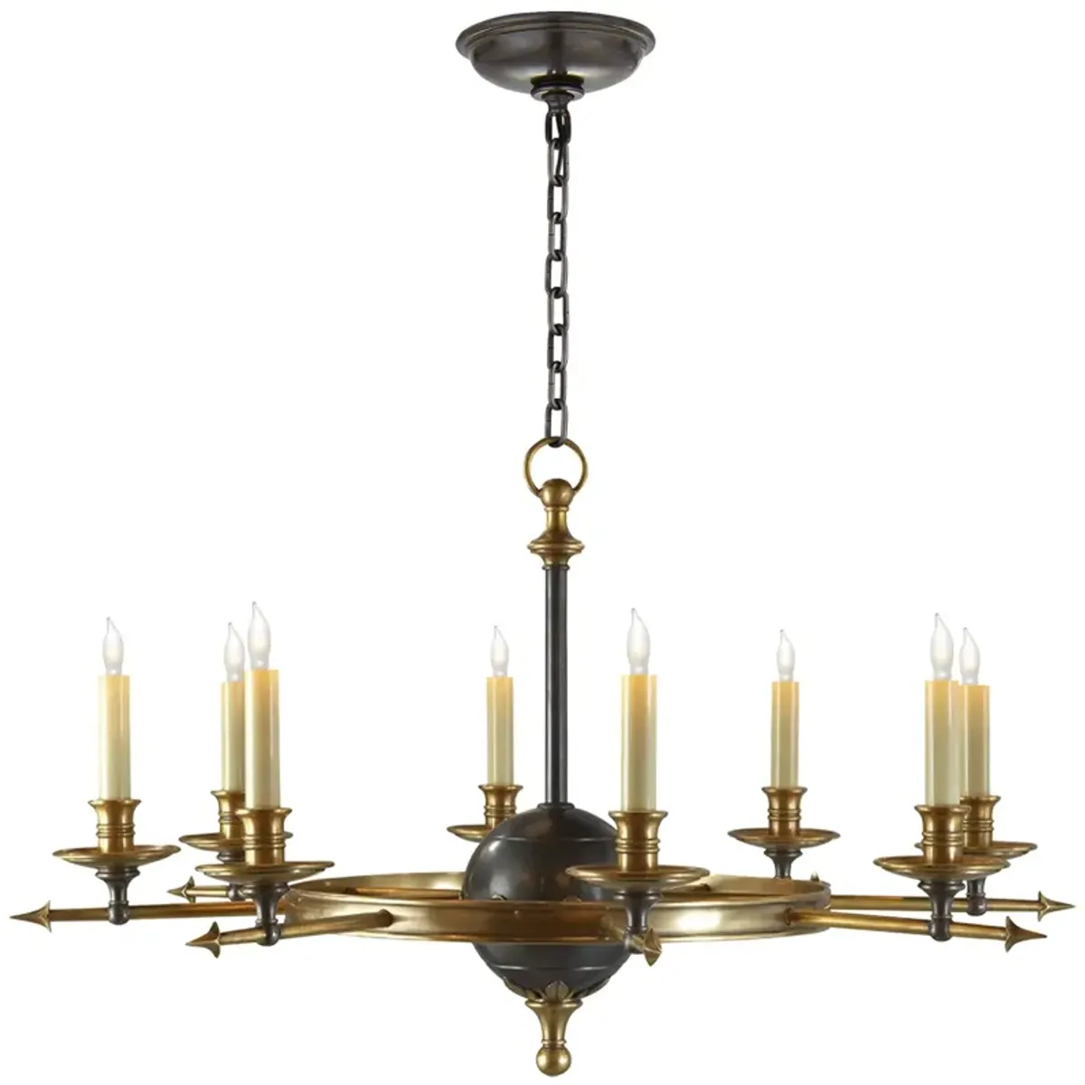 Leaf and Arrow Large Chandelier in Bronze with Antique-Burnished Brass