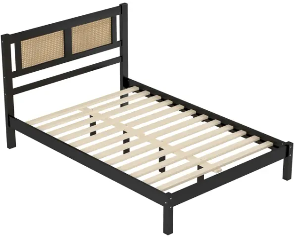 3-Piece Bedroom Set Wooden Platform Bed with Rattan Headboard & Nightstands