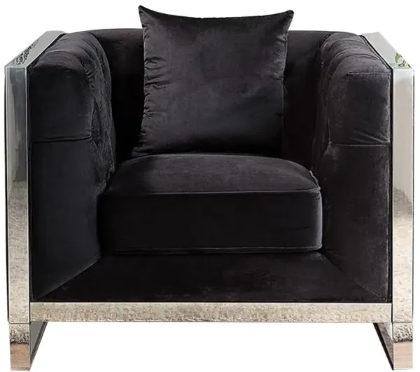 Vade 39 Inch Accent Chair, Stainless Steel Frame, Tufted Black Flannelette