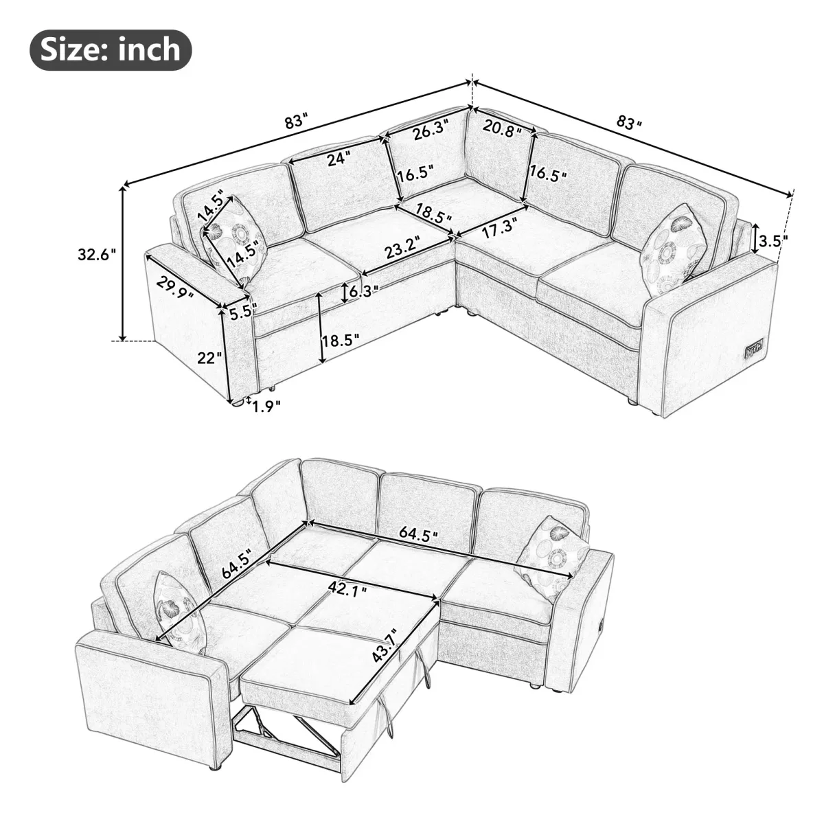 Merax Modern Convertible Sleeper Sofa with 2 USB Ports