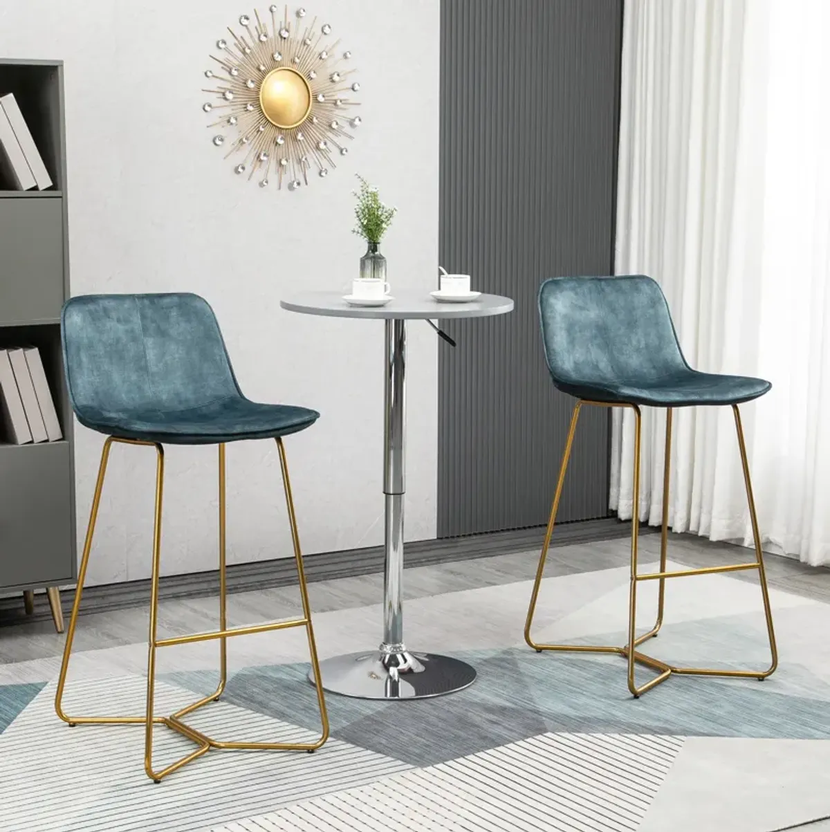 Blue Velvet Bar Seats: Tall Stools with Gold-Tone Metal Legs