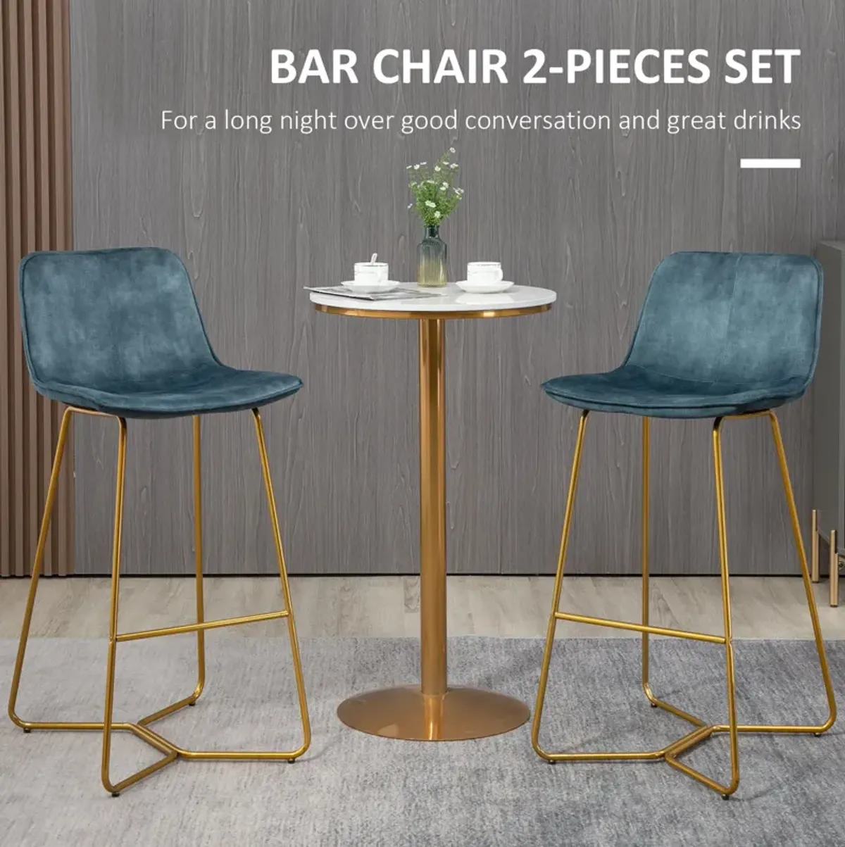 Blue Velvet Bar Seats: Tall Stools with Gold-Tone Metal Legs