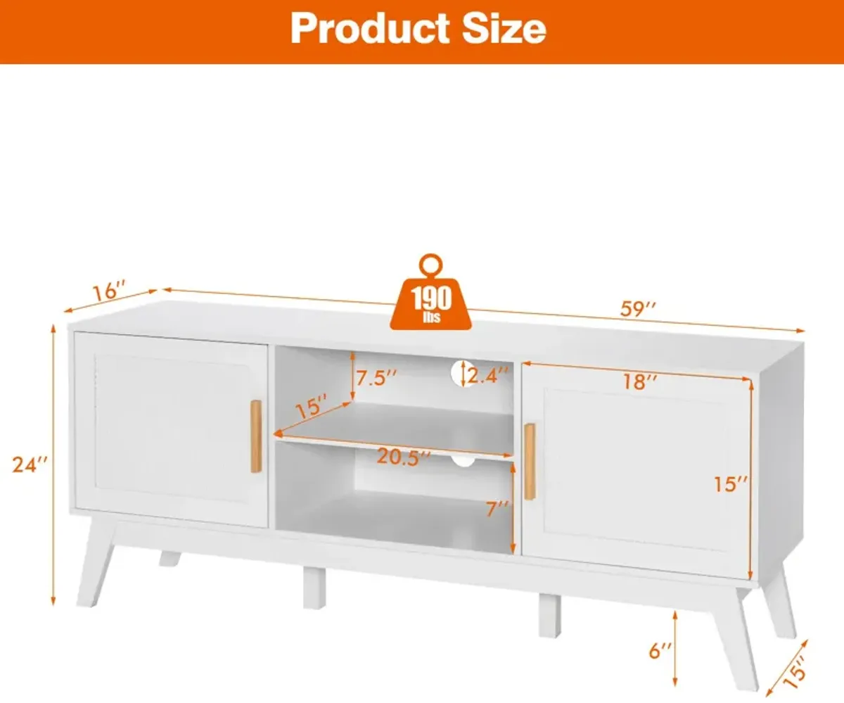 TV Stand Entertainment Media Console with 2 Rattan Cabinets and Open Shelves-White