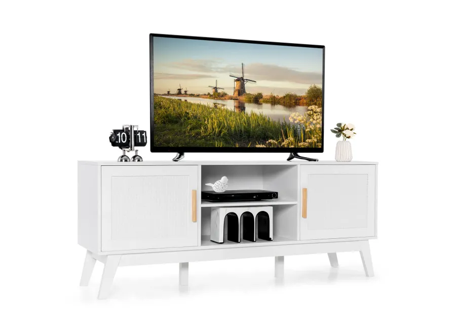 TV Stand Entertainment Media Console with 2 Rattan Cabinets and Open Shelves-White