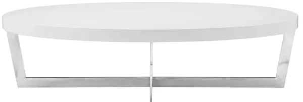 Tini 55 Inch Coffee Table, Oval Shaped Top, Metal Frame, White Finish - Benzara