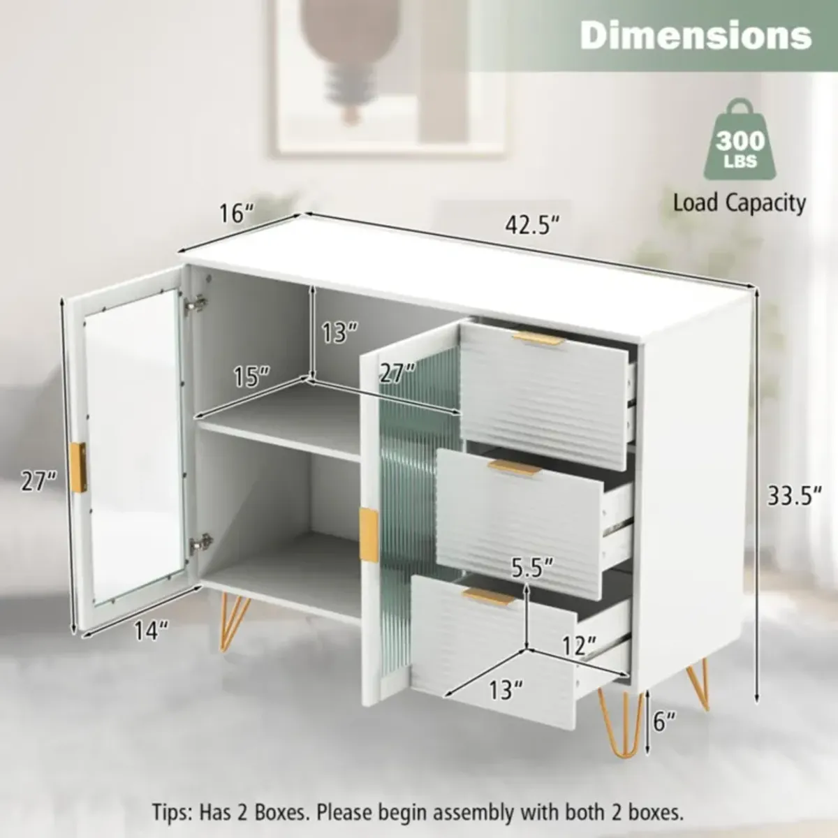 Hivvago Modern Sideboard Buffet Cabinet with 2 Doors and 3 Drawers for Living Room Dining Room-White