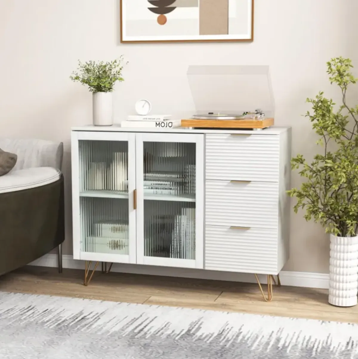 Hivvago Modern Sideboard Buffet Cabinet with 2 Doors and 3 Drawers for Living Room Dining Room-White