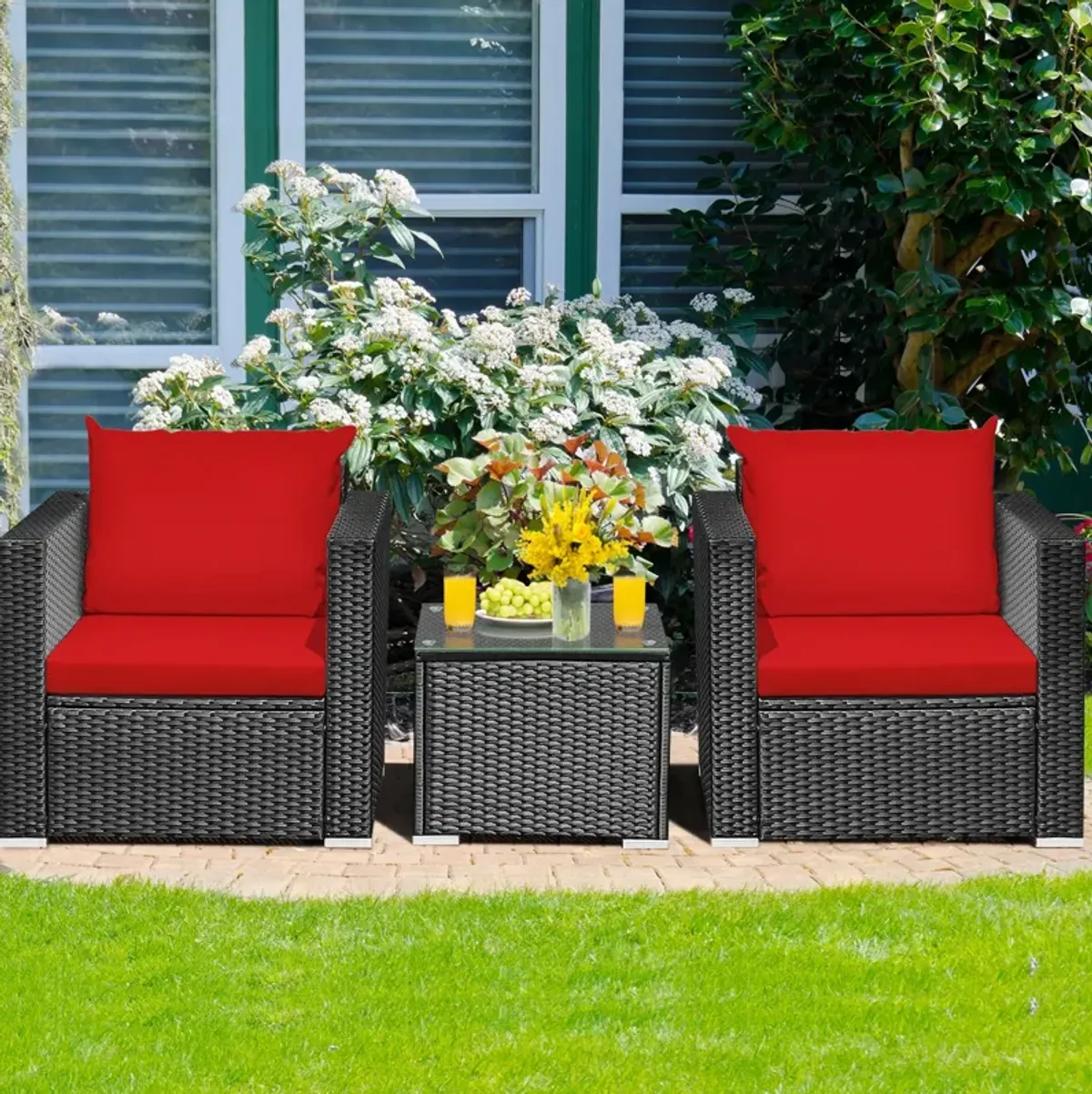 3 Pieces Patio Wicker Conversation Set�with Cushion