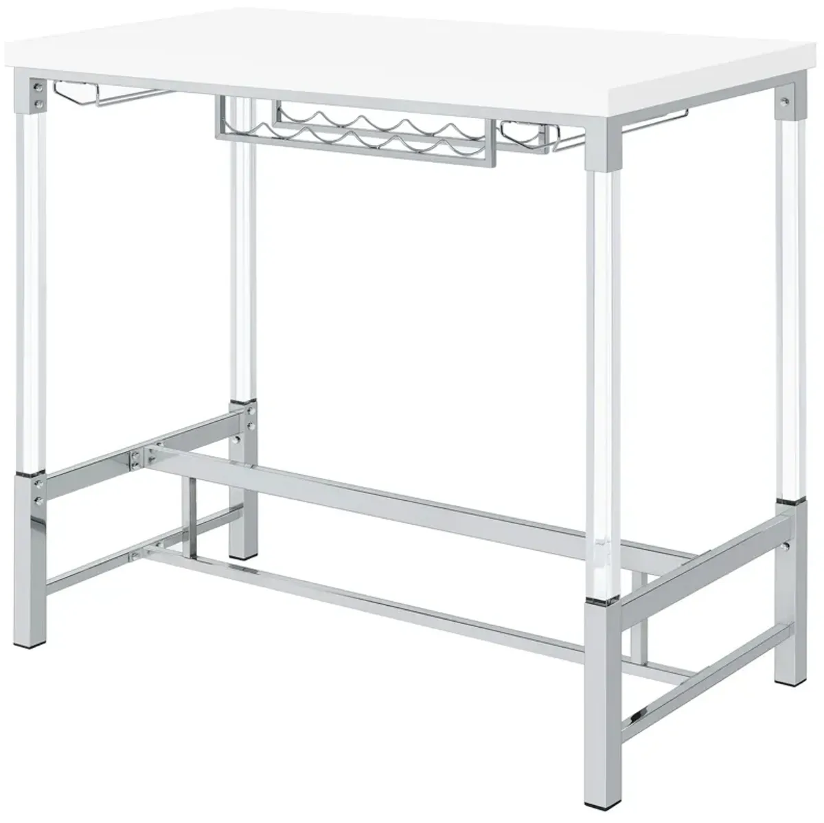 Nora Bar Height Table with Wine Storage, Acrylic Legs, White, 47 Inch - Benzara