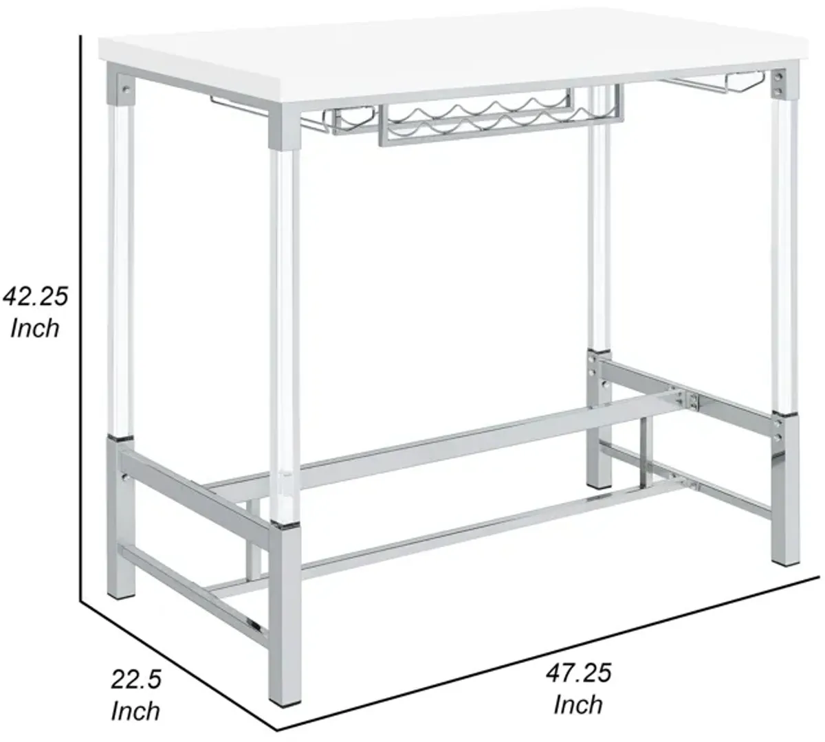 Nora Bar Height Table with Wine Storage, Acrylic Legs, White, 47 Inch - Benzara