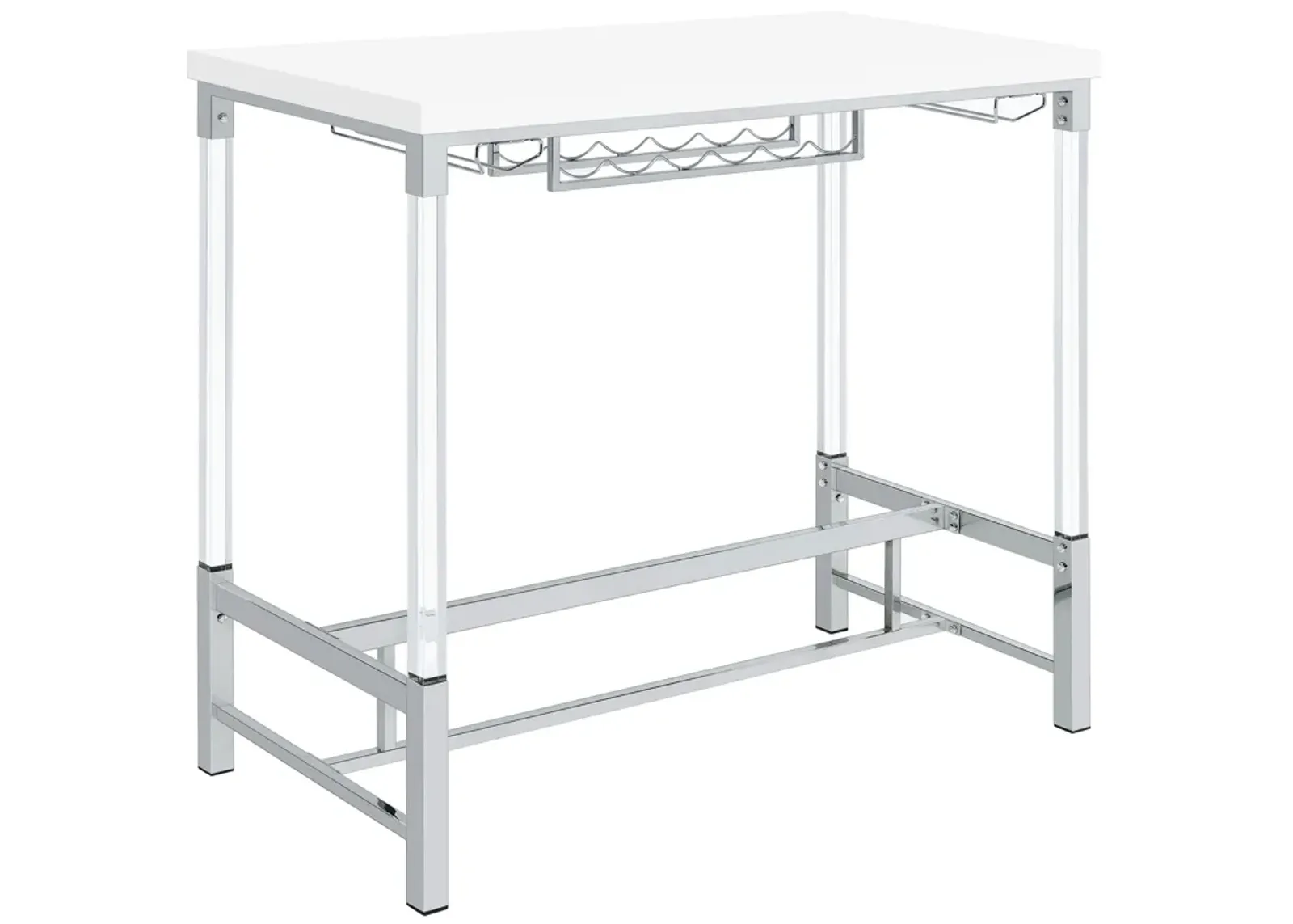 Nora Bar Height Table with Wine Storage, Acrylic Legs, White, 47 Inch - Benzara