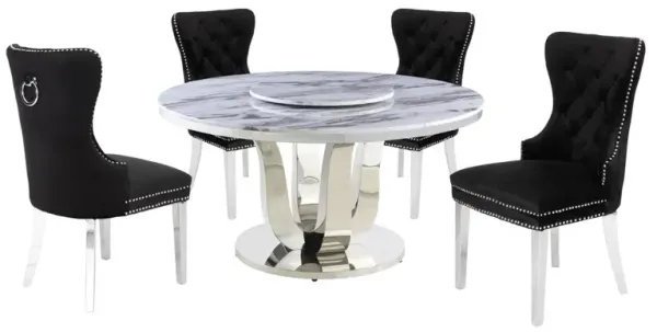 White Marble Round 5 piece Dining Set Ring Chairs in Black Velvet - Lazy Susan