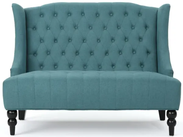 Lanny Loveseat Settee, Wingback Bench 50 Inch Wood, Tufted Teal Velvet - Benzara
