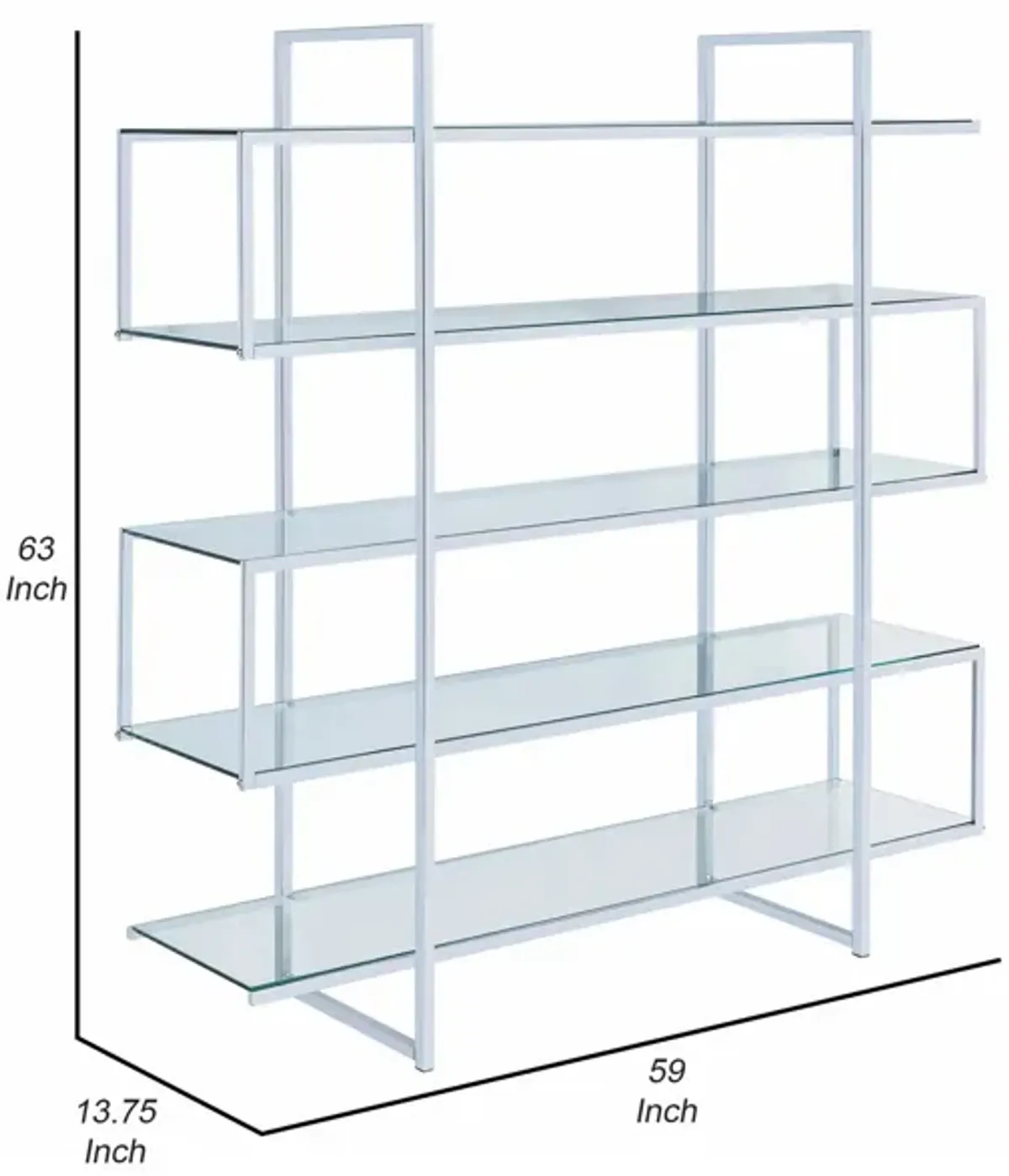 Bookcase with 5 Tempered Glass Shelves and Electroplated Frame, Chrome-Benzara