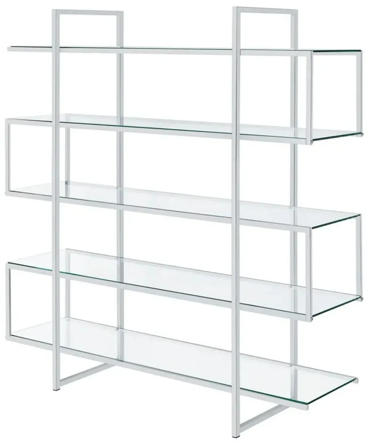 Bookcase with 5 Tempered Glass Shelves and Electroplated Frame, Chrome-Benzara