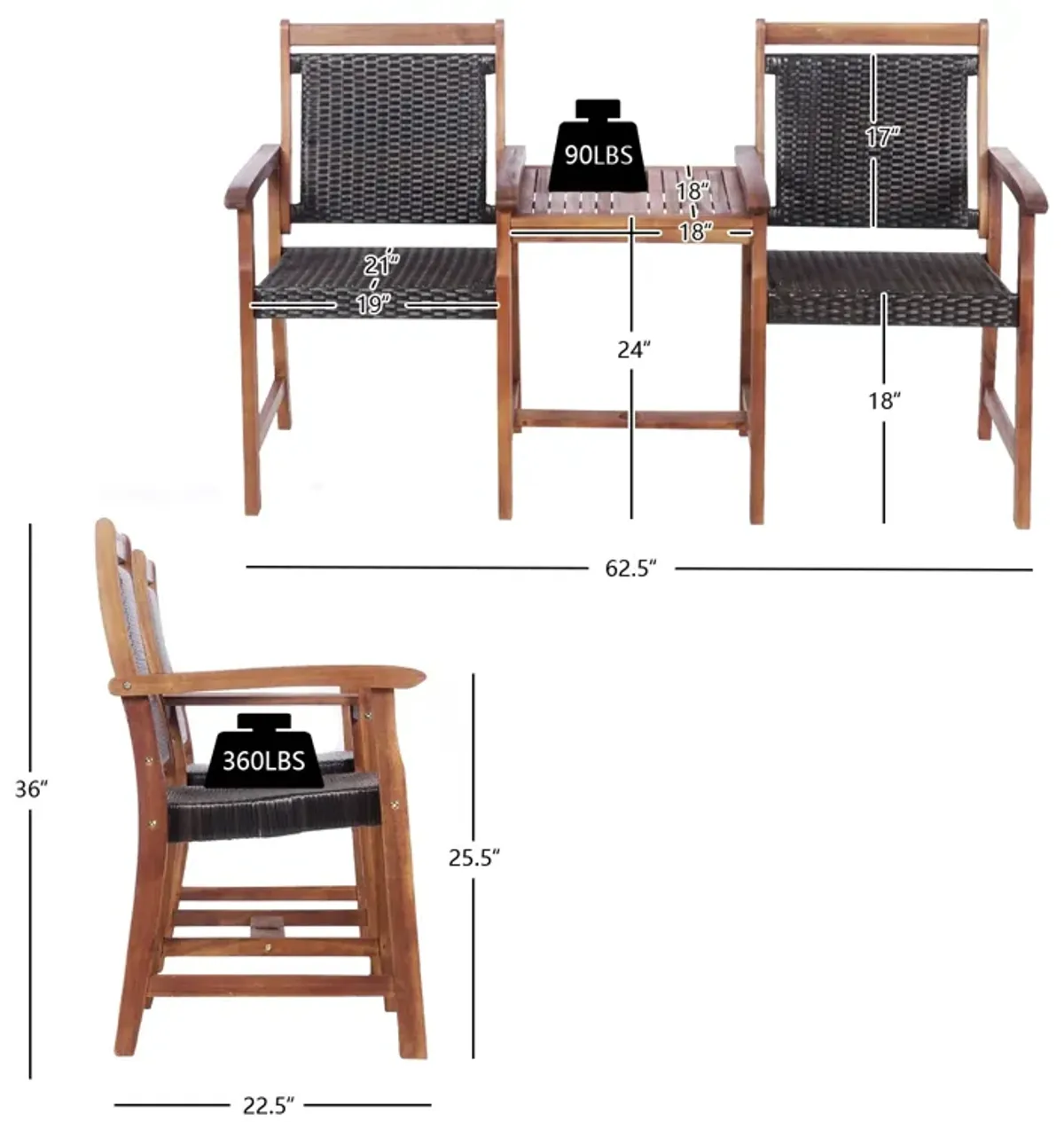 2-Seat Patio Rattan Acacia Wood Chair with Coffee Table