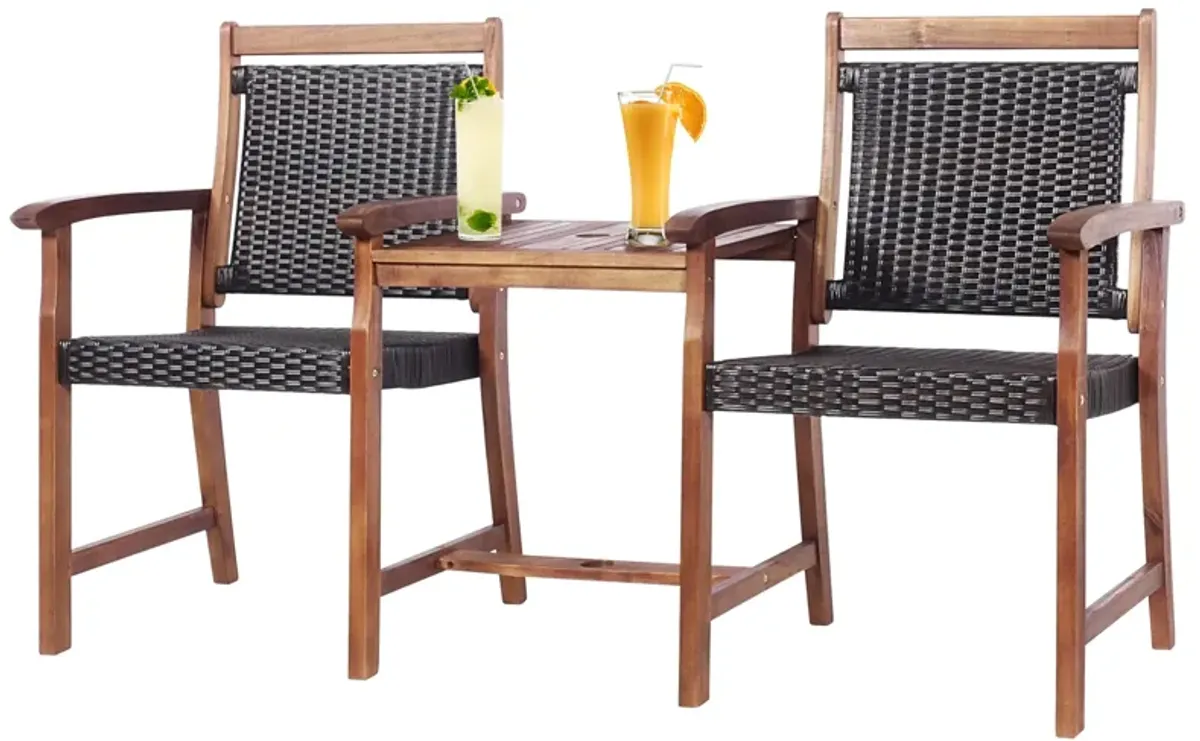 2-Seat Patio Rattan Acacia Wood Chair with Coffee Table