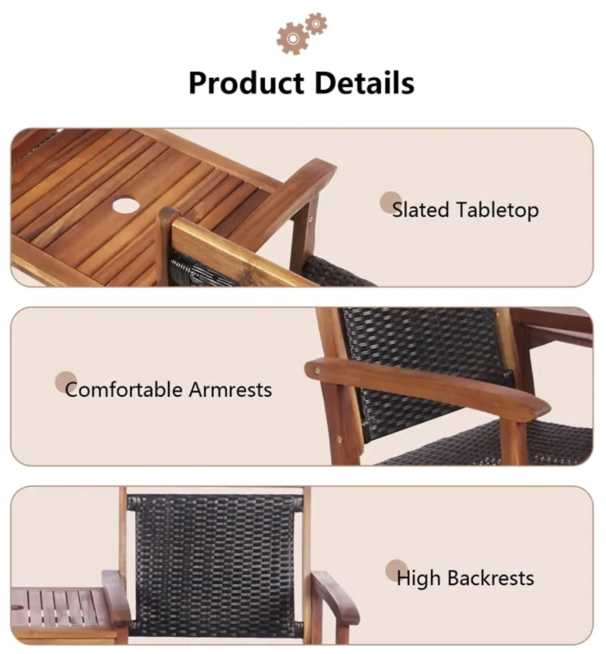 2-Seat Patio Rattan Acacia Wood Chair with Coffee Table