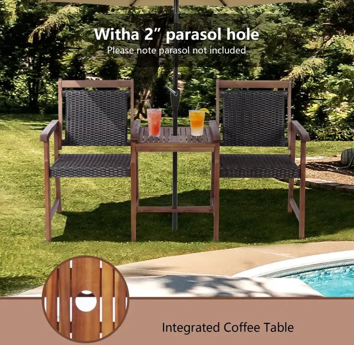 2-Seat Patio Rattan Acacia Wood Chair with Coffee Table