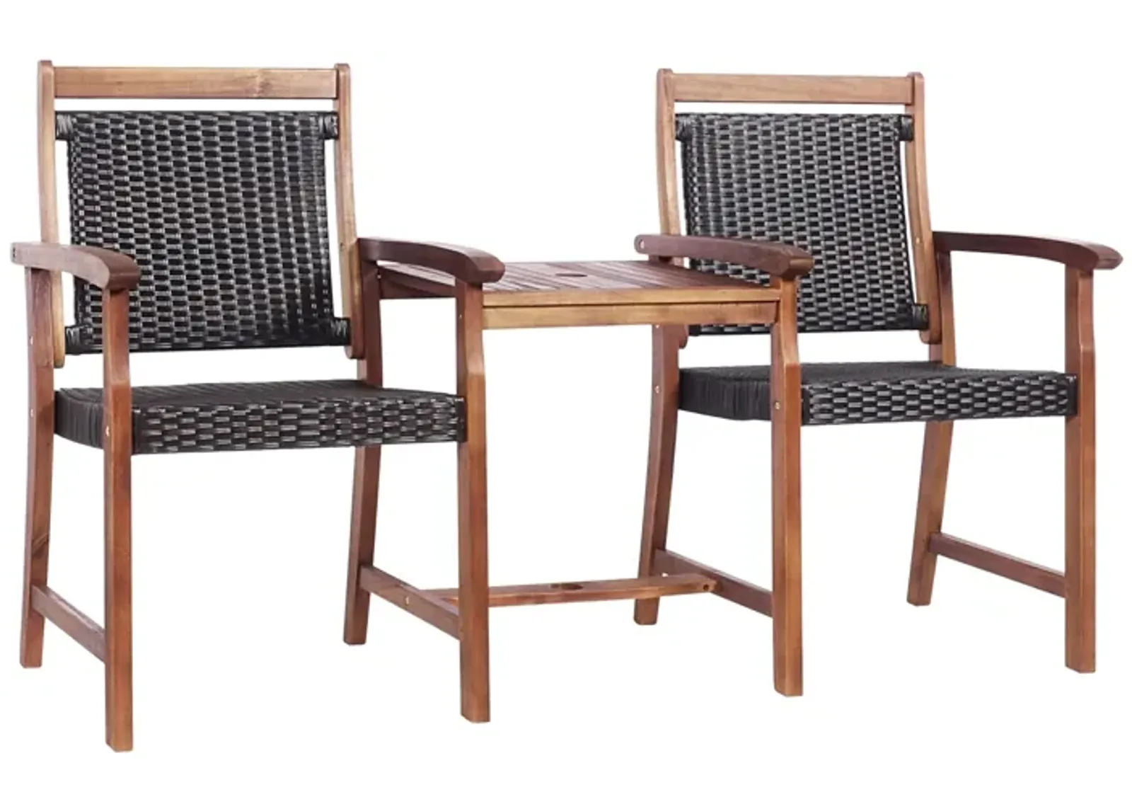 2-Seat Patio Rattan Acacia Wood Chair with Coffee Table