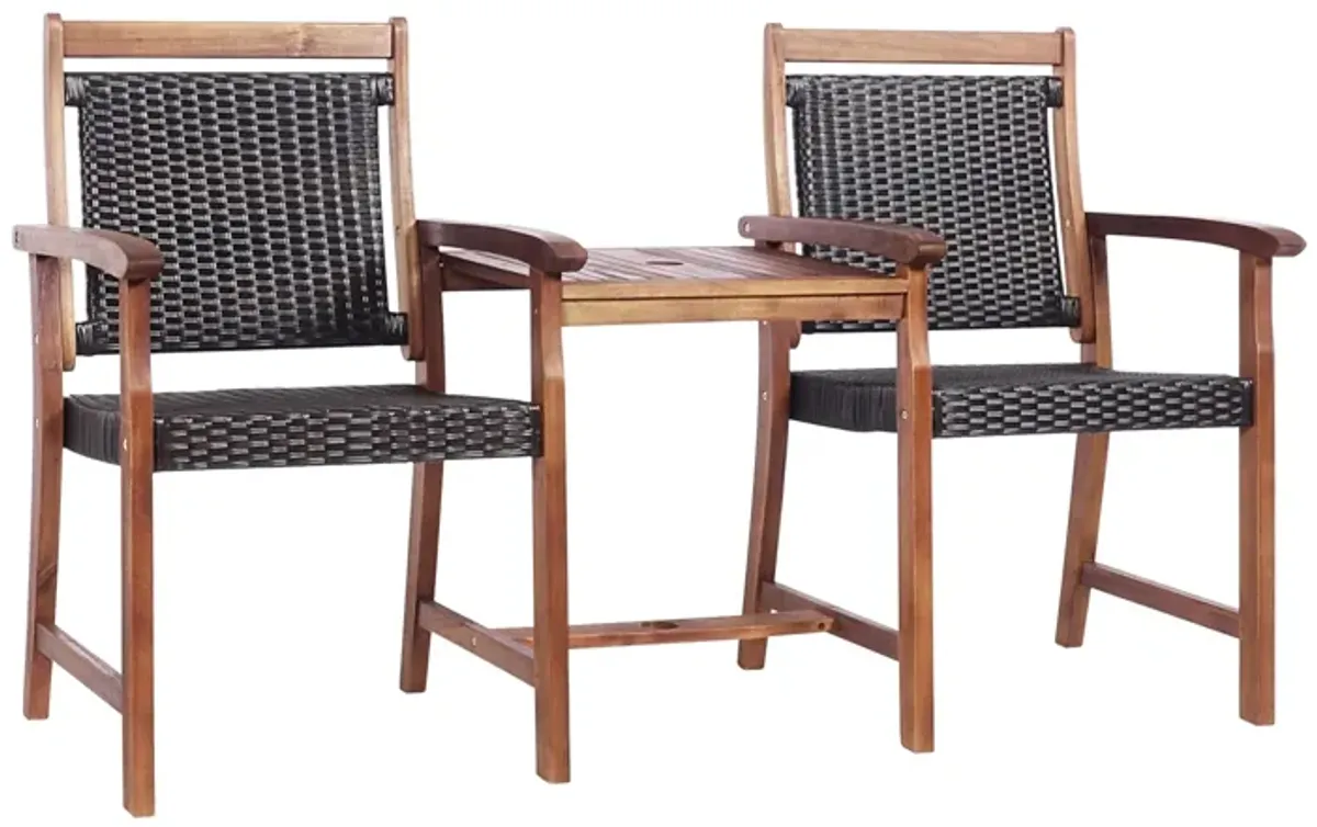 2-Seat Patio Rattan Acacia Wood Chair with Coffee Table