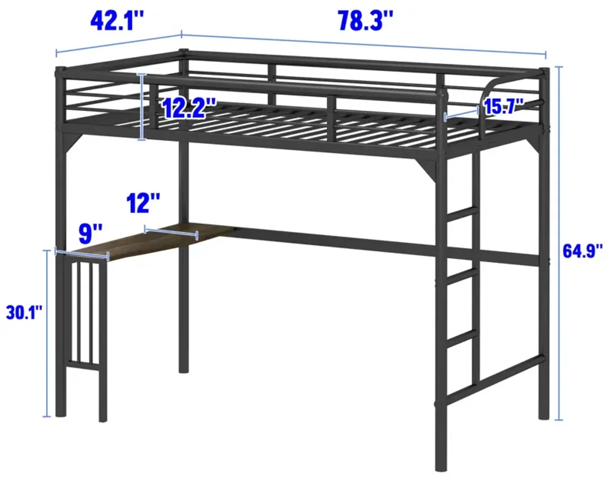 Twin Metal Loft Bed With Desk, Ladder And Guardrails, Bookdesk Under Bed