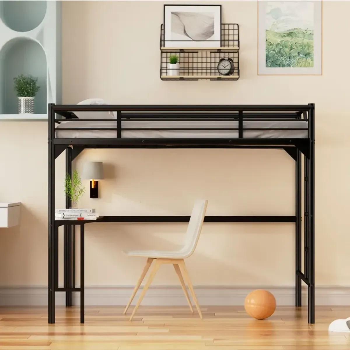 Twin Metal Loft Bed With Desk, Ladder And Guardrails, Bookdesk Under Bed