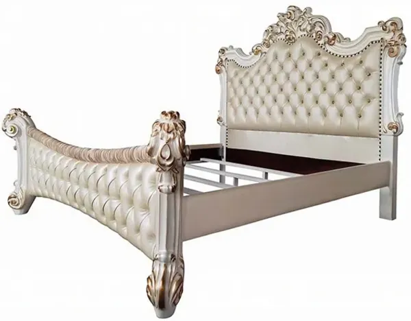 Antoine Queen Bed, Gold, Pearl White Faux Leather Victorian Carved - Benzara