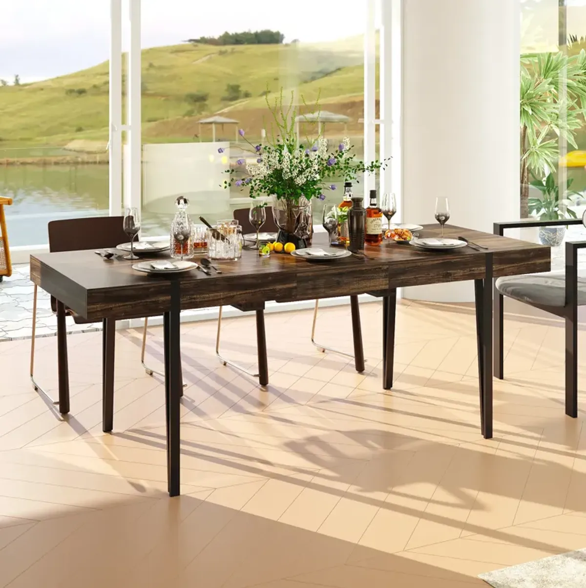 FUFU&GAGA Extendable Dining Table with Removable Leaf and Sturdy Metal Legs (31.5" D x 29.8" H, Extends up to 78.7" W) Brown