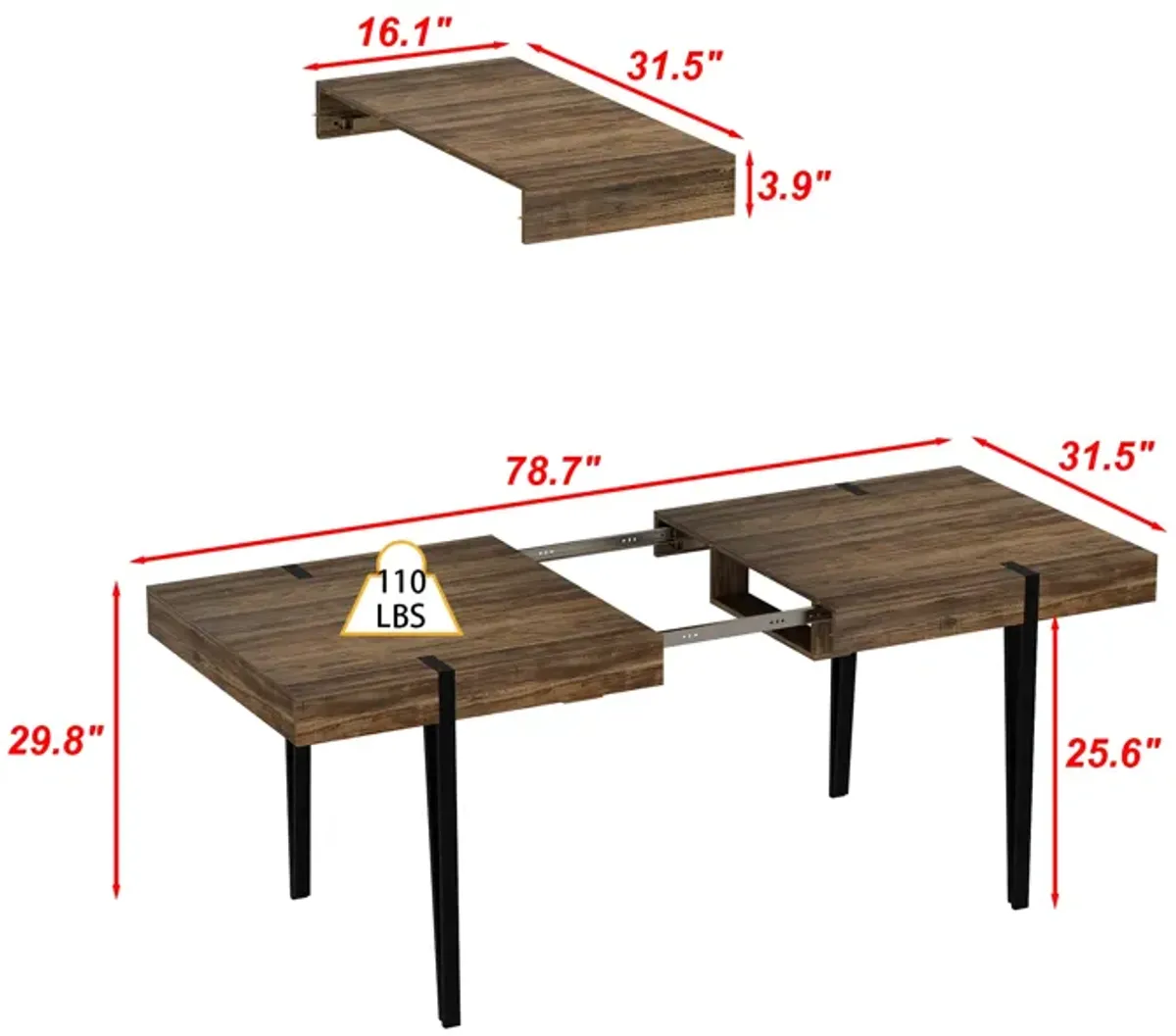 FUFU&GAGA Extendable Dining Table with Removable Leaf and Sturdy Metal Legs (31.5" D x 29.8" H, Extends up to 78.7" W) Brown