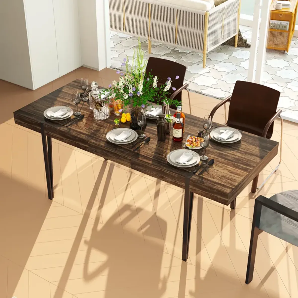 FUFU&GAGA Extendable Dining Table with Removable Leaf and Sturdy Metal Legs (31.5" D x 29.8" H, Extends up to 78.7" W) Brown