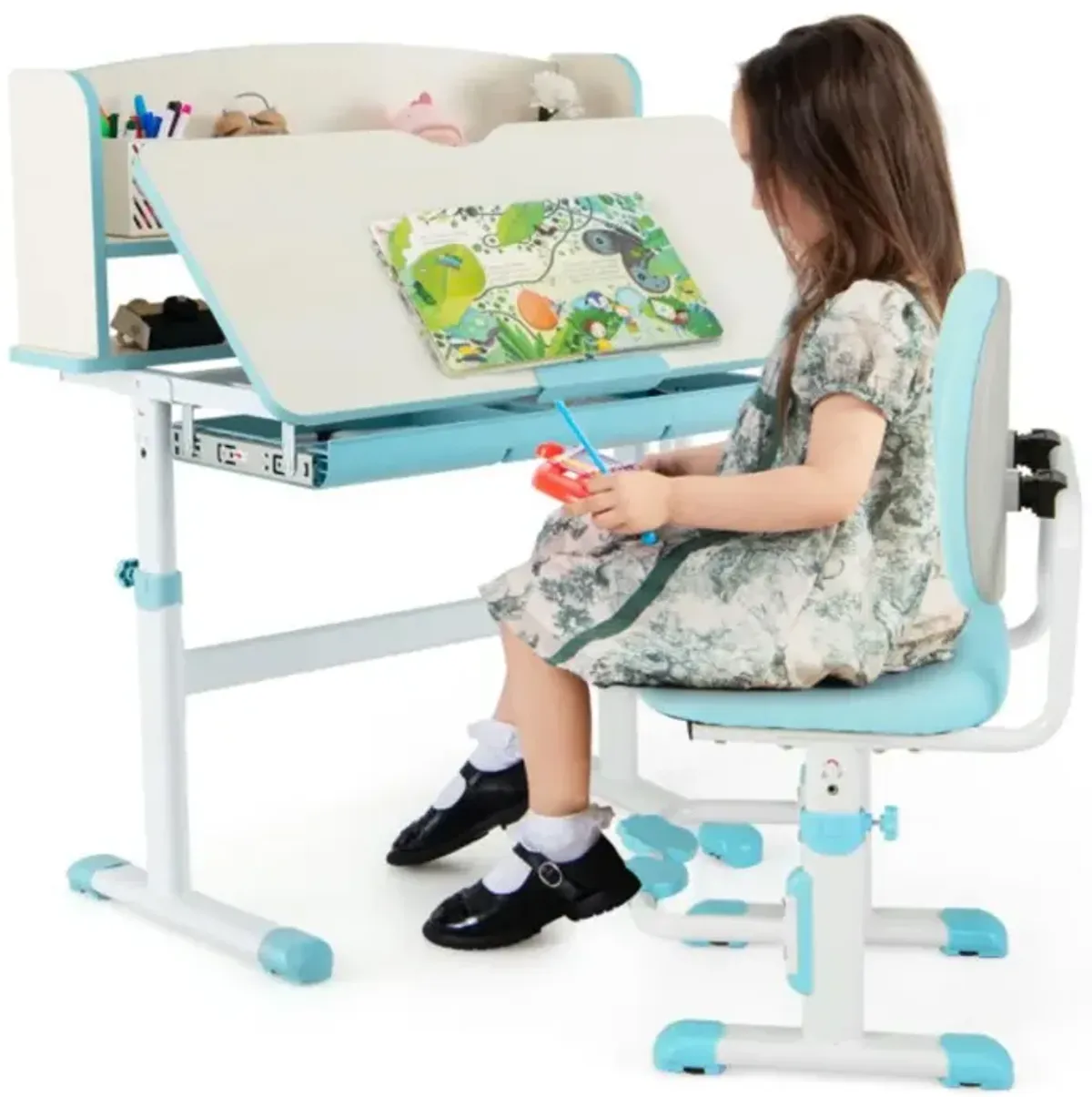 Hivvago Kids Desk and Chair Set with Adjustable Height and Tilted Desktop