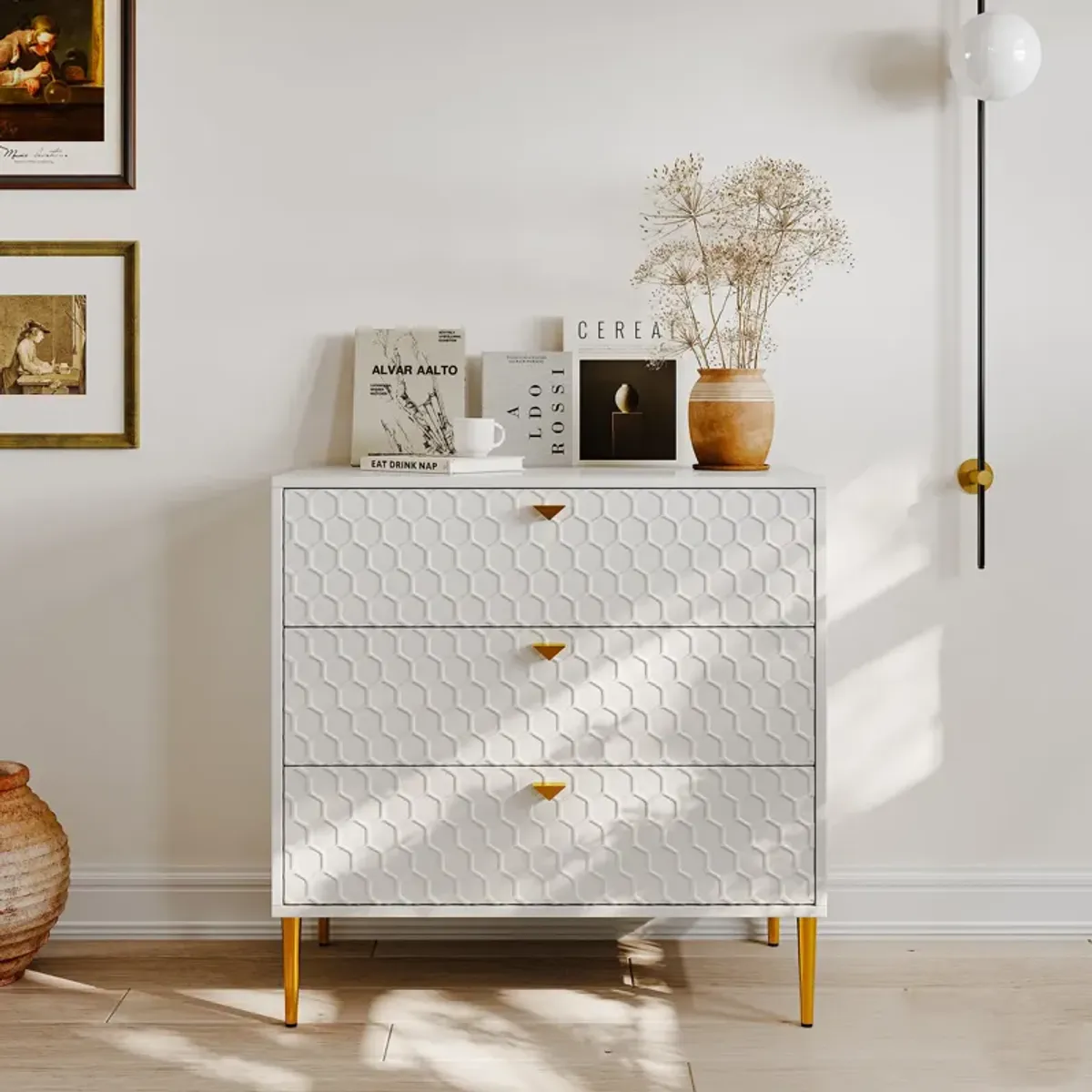 White Accent Storage Cabinet with 3-Drawer Chest