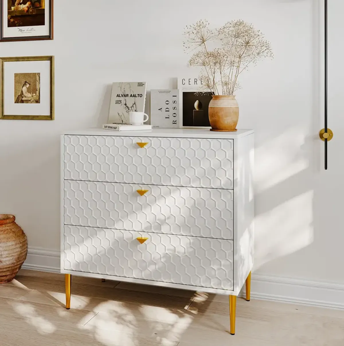 White Accent Storage Cabinet with 3-Drawer Chest