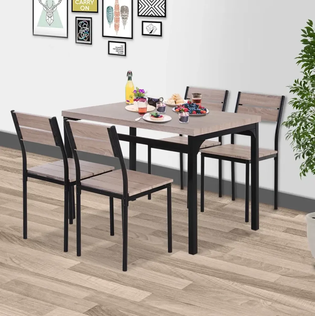 Traditional Dark Dining: 5-Piece Black Wood Grain Table & Chairs Set