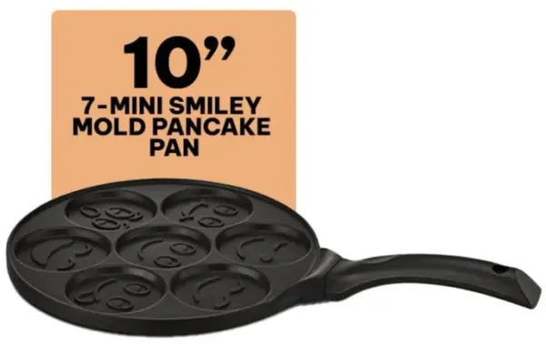 Kitchenfun Blini Nonstick Mini Pancake Maker - Cast Aluminum Non Toxic Crepe Maker, PFAS Free, Non Stick Frying Pans, Cooking Pan Set for 7 Smiley Small Pancakes, Nonstick Pan, Egg Pan, and Flapjacks