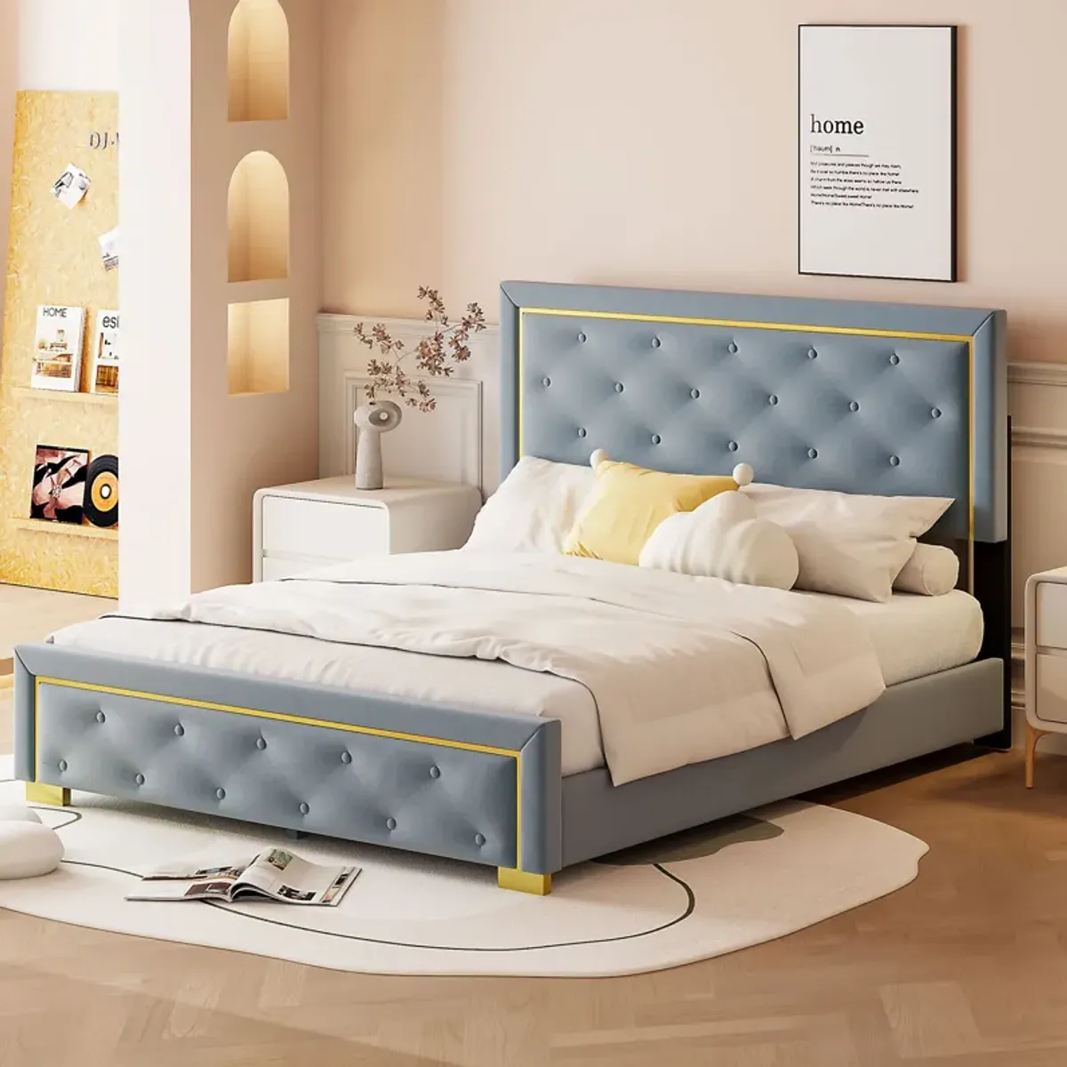 Merax Velvet Upholstered Platform Bed Frame