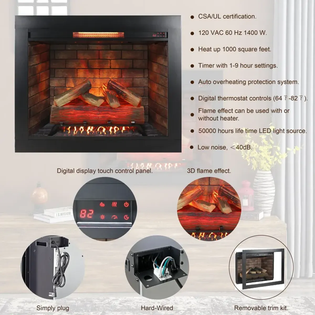 MONDAWE 33 Inch Infrared Electric Fireplace Insert, Touch Panel Home Decor Heater, Smokeless Firebox With Trim Kit