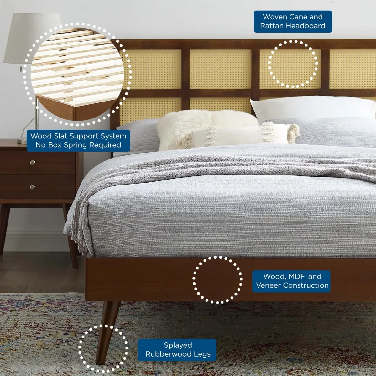 Modway - Sidney Cane and Wood Queen Platform Bed with Splayed Legs