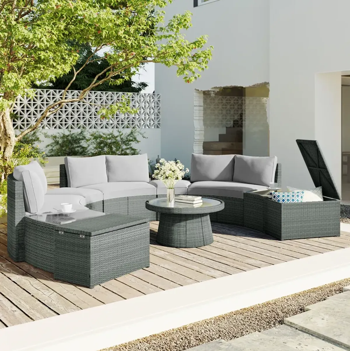 Merax 10-Piece Outdoor Sectional Half Round Patio Rattan Sofa Set