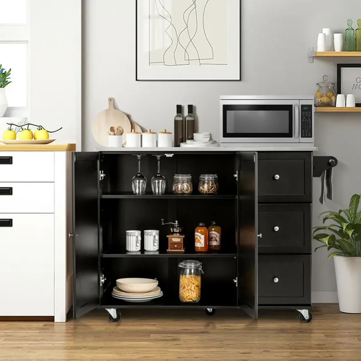 Kitchen Island 2-Door Storage Cabinet with Drawers and Stainless Steel Top