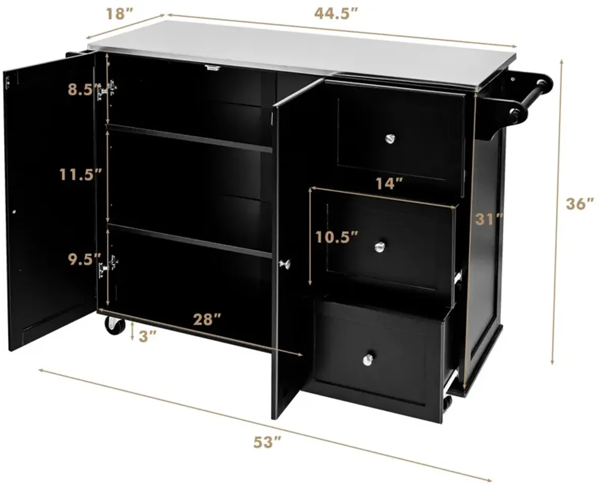 Kitchen Island 2-Door Storage Cabinet with Drawers and Stainless Steel Top