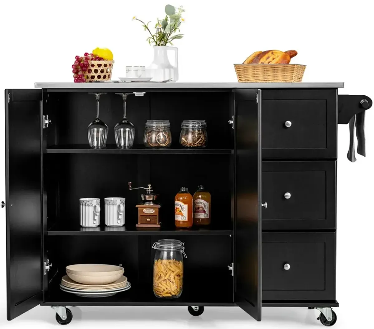 Kitchen Island 2-Door Storage Cabinet with Drawers and Stainless Steel Top