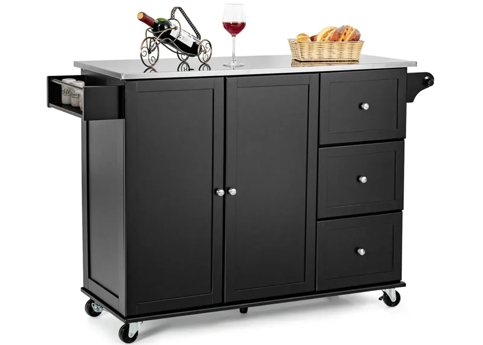 Kitchen Island 2-Door Storage Cabinet with Drawers and Stainless Steel Top