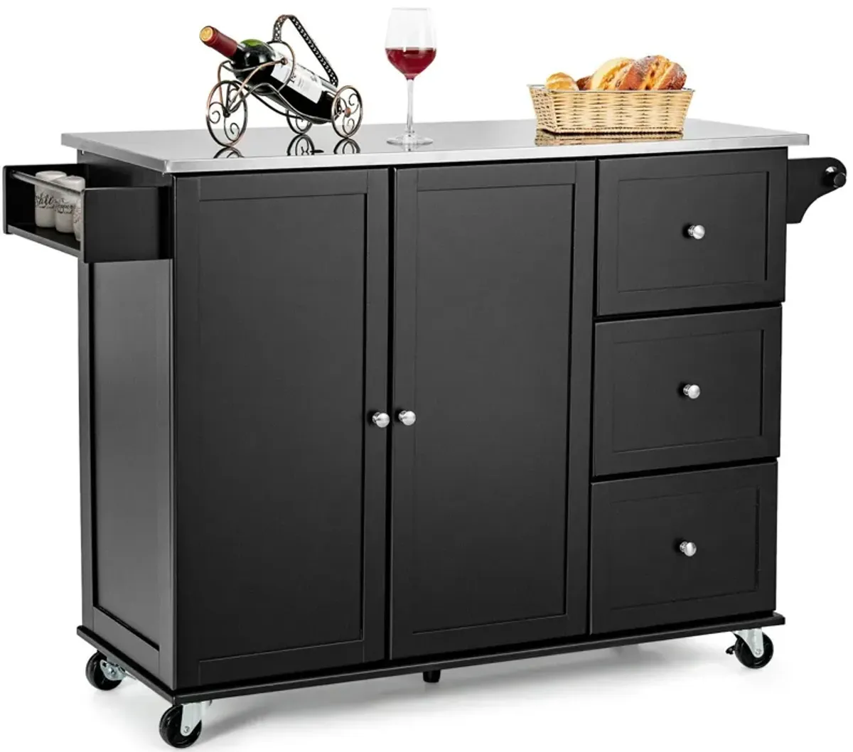 Kitchen Island 2-Door Storage Cabinet with Drawers and Stainless Steel Top