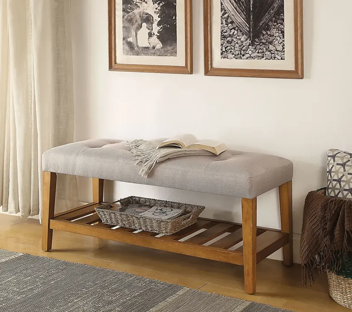 Fabric Bench in Light Gray and Oak Finish