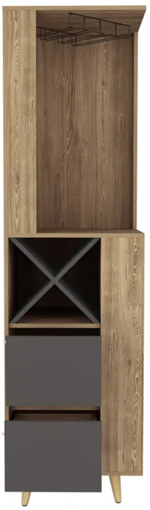 DEPOT E-SHOP Lisbon Corner Bar Cabinet, Two External Shelves, Two Drawers, Four Wine Compartments, Pine / Matt Gray