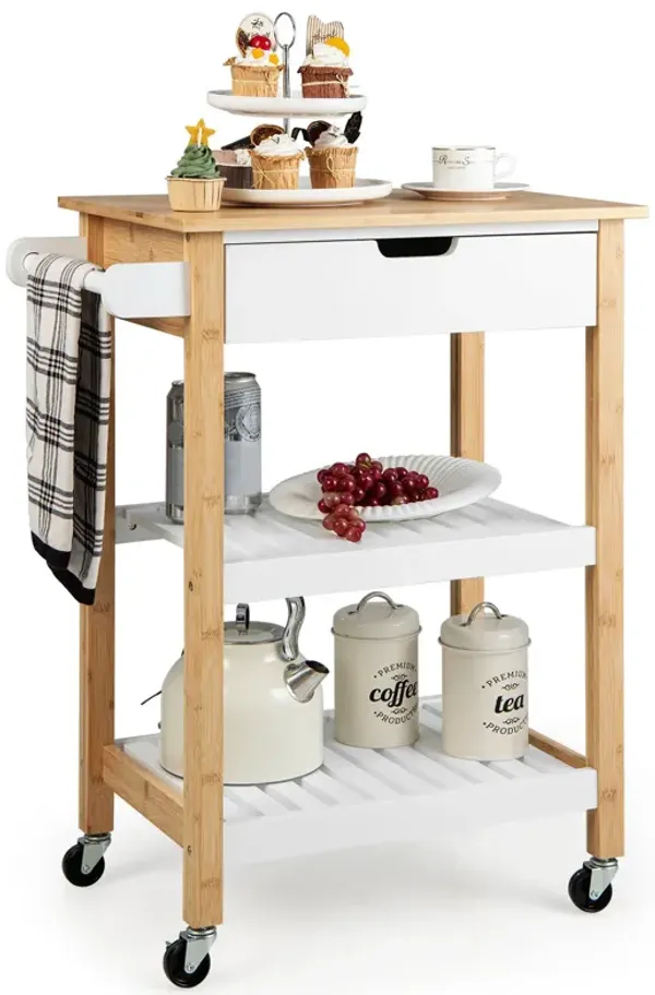3-Tier Kitchen Island Cart Rolling Service Trolley with Bamboo Top