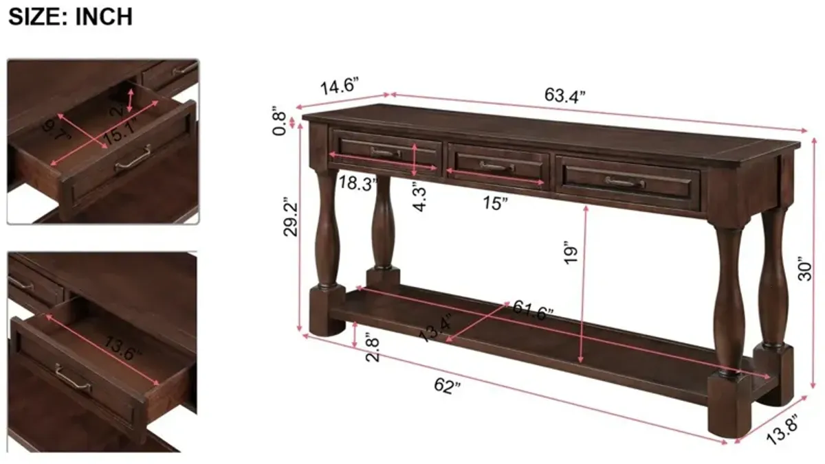 63" Farmhouse Style Wood Console Table with Three Drawers, Retro Blue