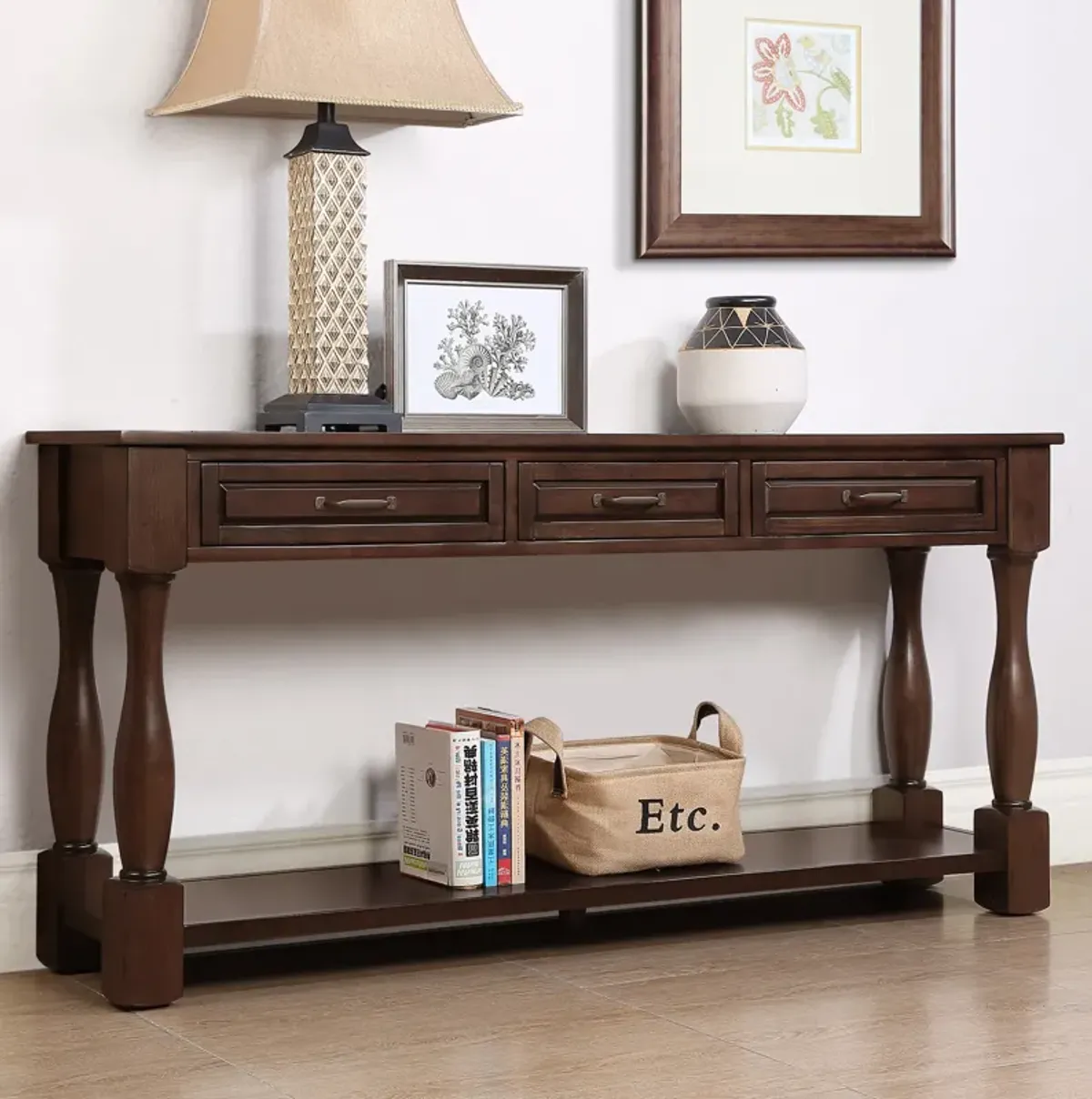 63" Farmhouse Style Wood Console Table with Three Drawers, Retro Blue